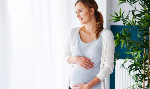 Cheerful pregnant woman looking through window